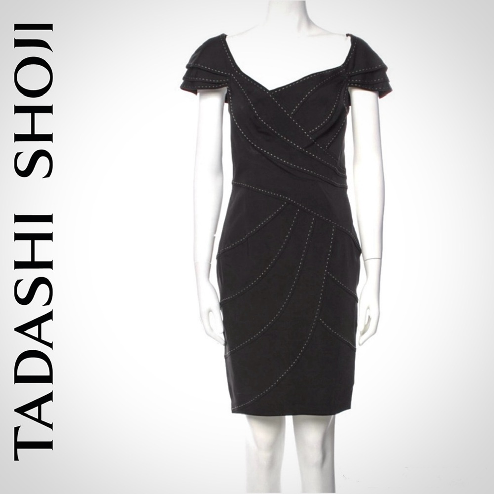 Tadashi Shoji Black V-Neck Layered Ivory Stitched Detailed Mini Dress